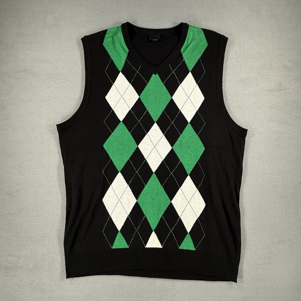 Regal Wear Mens 2XL Black Green White Argyle V-Neck Knit Sweater Vest